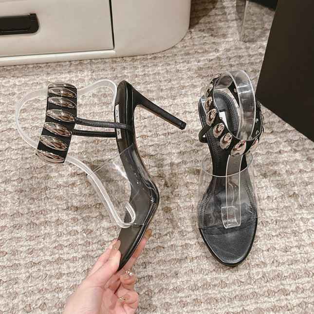 ALAIA HIGH SANDAL IN BLACK CALFSKN AND FILM WITH CRYSTAL