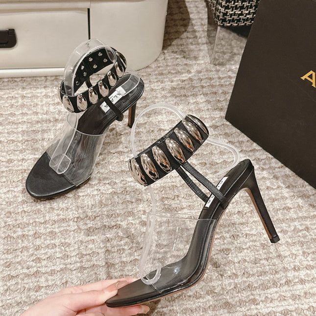 ALAIA HIGH SANDAL IN BLACK CALFSKN AND FILM WITH CRYSTAL