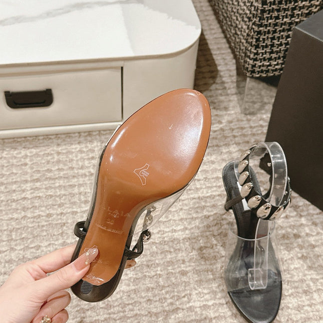 ALAIA HIGH SANDAL IN BLACK CALFSKN AND FILM WITH CRYSTAL