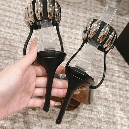 ALAIA HIGH SANDAL IN BLACK CALFSKN AND FILM WITH CRYSTAL