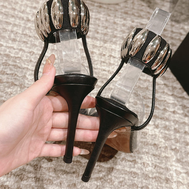 ALAIA HIGH SANDAL IN BLACK CALFSKN AND FILM WITH CRYSTAL