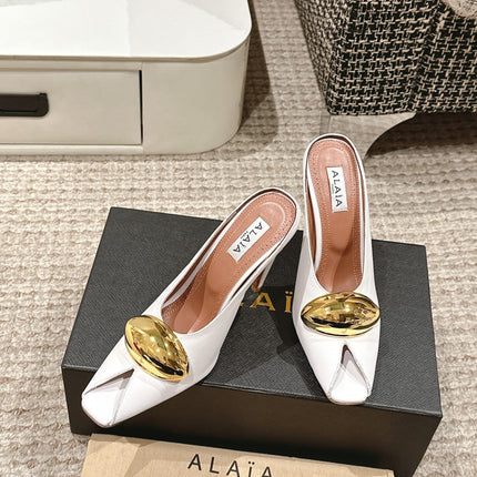 ALAIA SPIKE JEWEL MULES IN WHITE CALFSKIN WITH GOLD HARDWARE