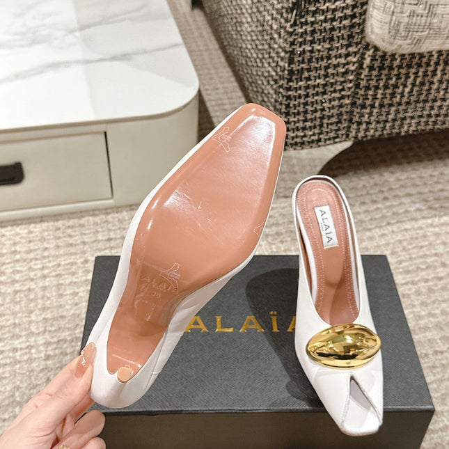 ALAIA SPIKE JEWEL MULES IN WHITE CALFSKIN WITH GOLD HARDWARE