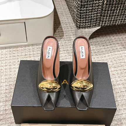ALAIA SPIKE JEWEL MULES IN BLACK CALFSKIN WITH GOLD HARDWARE