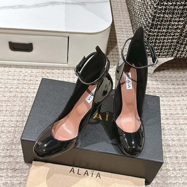 ALAIA ROUND-TOE HIGH HEELS 10 CM IN BLACK CALFSKIN