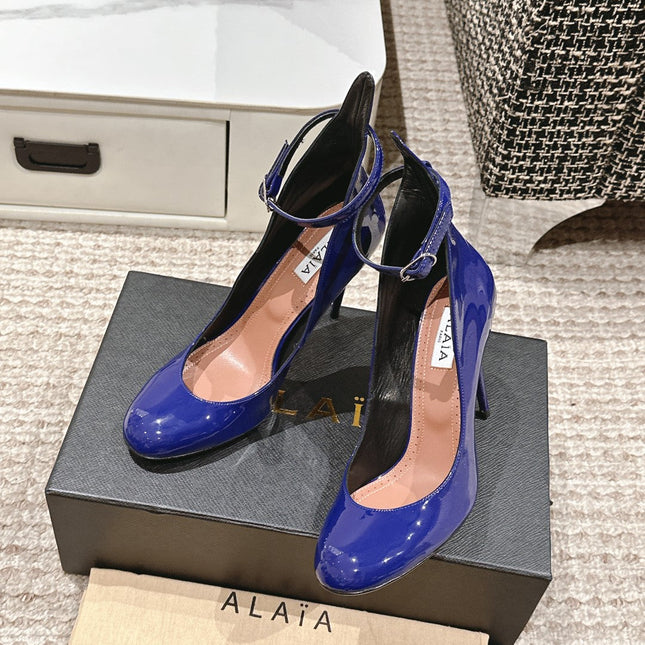 ALAIA ROUND-TOE HIGH HEELS 10 CM IN NAVY BLUE CALFSKIN