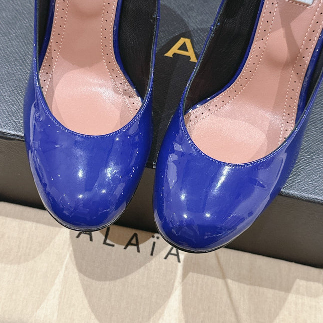 ALAIA ROUND-TOE HIGH HEELS 10 CM IN NAVY BLUE CALFSKIN
