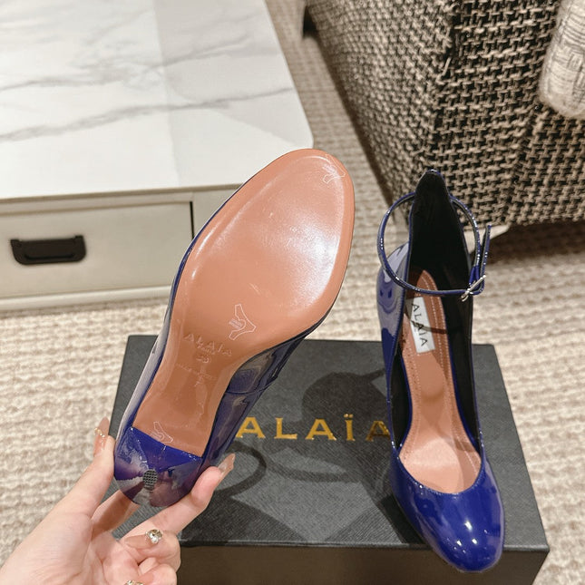 ALAIA ROUND-TOE HIGH HEELS 10 CM IN NAVY BLUE CALFSKIN