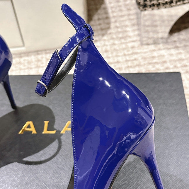 ALAIA ROUND-TOE HIGH HEELS 10 CM IN NAVY BLUE CALFSKIN