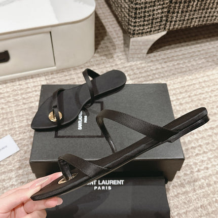 SL TANGER SLIDES BLACK SATIN