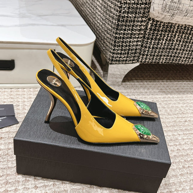 DUNE HIGH 10 CM SLINGBACK PUMPS IN CLASSIC YELLOW PATENT LEATHER WITH CRYSTAL