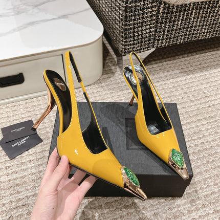 DUNE HIGH 10 CM SLINGBACK PUMPS IN CLASSIC YELLOW PATENT LEATHER WITH CRYSTAL
