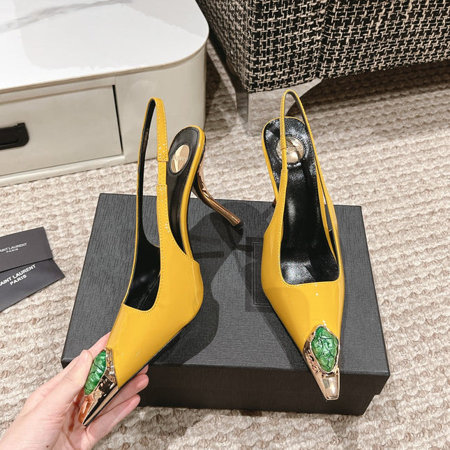 DUNE HIGH 10 CM SLINGBACK PUMPS IN CLASSIC YELLOW PATENT LEATHER WITH CRYSTAL