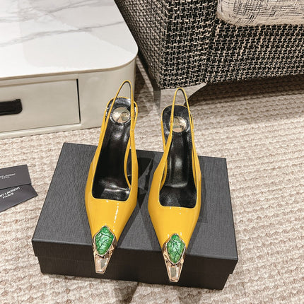 DUNE HIGH 10 CM SLINGBACK PUMPS IN CLASSIC YELLOW PATENT LEATHER WITH CRYSTAL