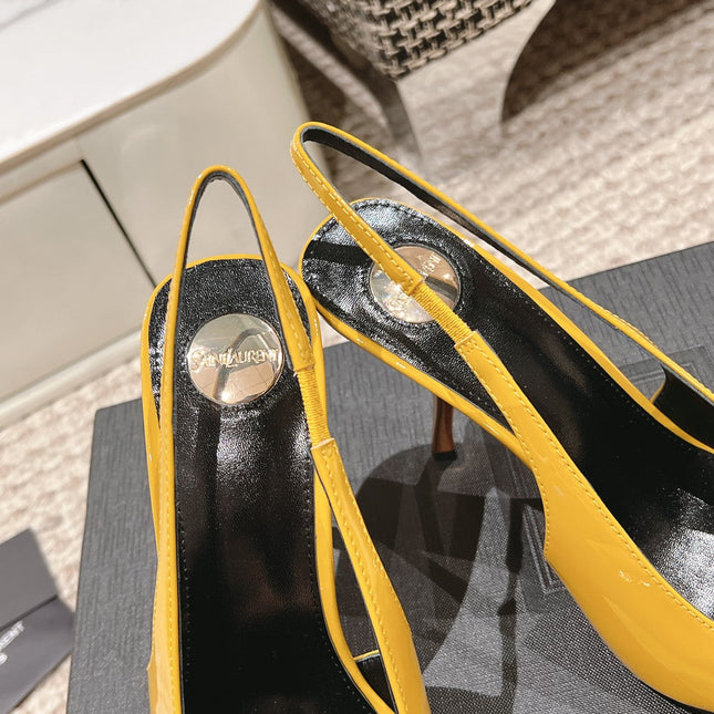 DUNE HIGH 10 CM SLINGBACK PUMPS IN CLASSIC YELLOW PATENT LEATHER WITH CRYSTAL