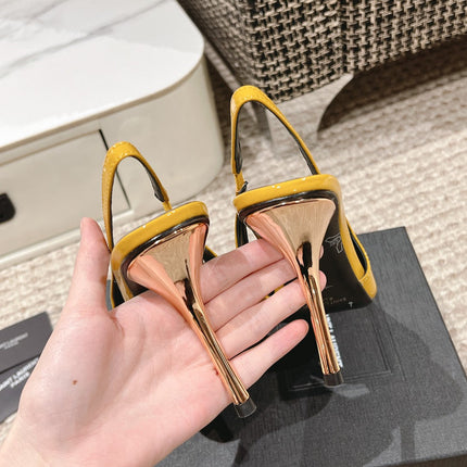 DUNE HIGH 10 CM SLINGBACK PUMPS IN CLASSIC YELLOW PATENT LEATHER WITH CRYSTAL