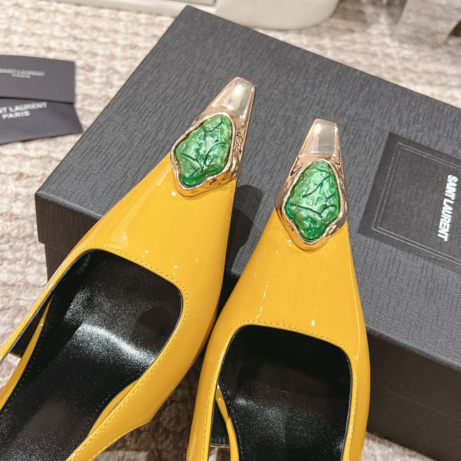 DUNE HIGH 10 CM SLINGBACK PUMPS IN CLASSIC YELLOW PATENT LEATHER WITH CRYSTAL