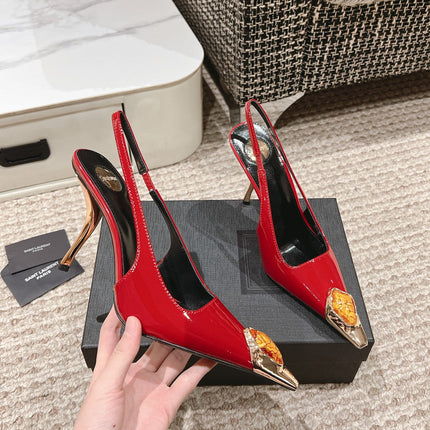 DUNE HIGH 10 CM SLINGBACK PUMPS IN RUBY RED PATENT LEATHER WITH CRYSTAL