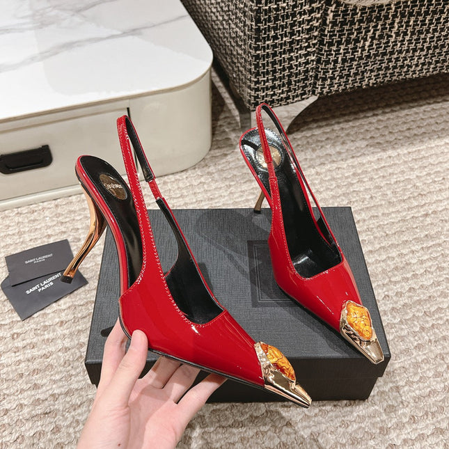 DUNE HIGH 10 CM SLINGBACK PUMPS IN RUBY RED PATENT LEATHER WITH CRYSTAL