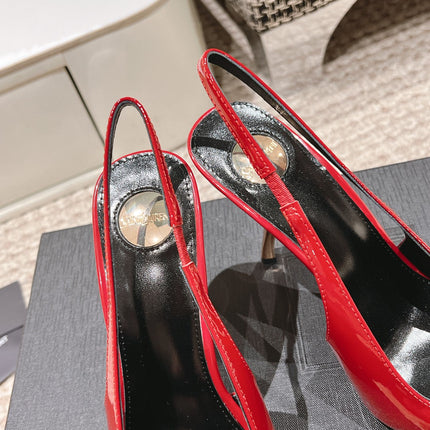 DUNE HIGH 10 CM SLINGBACK PUMPS IN RUBY RED PATENT LEATHER WITH CRYSTAL