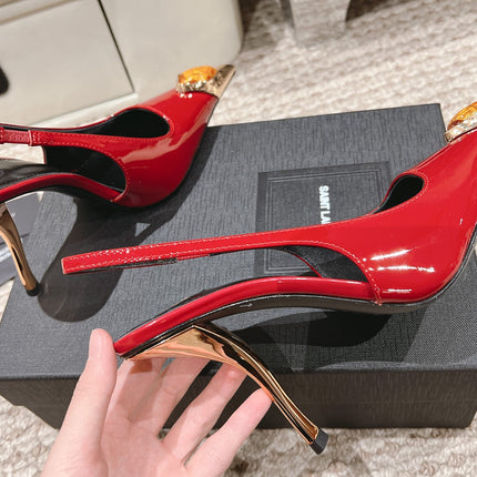 DUNE HIGH 10 CM SLINGBACK PUMPS IN RUBY RED PATENT LEATHER WITH CRYSTAL