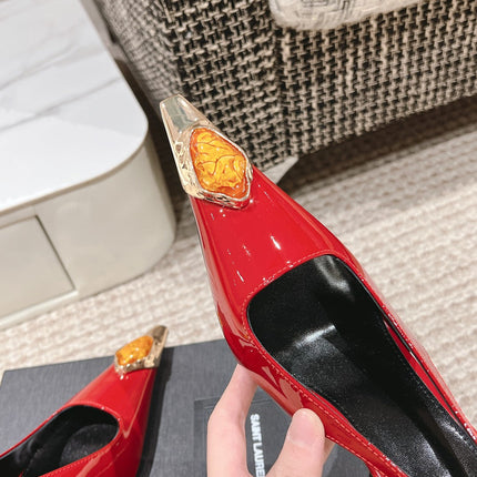DUNE HIGH 10 CM SLINGBACK PUMPS IN RUBY RED PATENT LEATHER WITH CRYSTAL