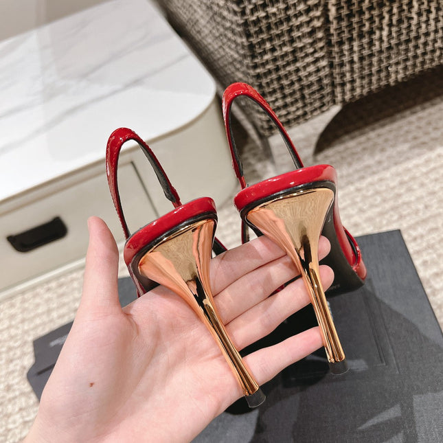 DUNE HIGH 10 CM SLINGBACK PUMPS IN RUBY RED PATENT LEATHER WITH CRYSTAL