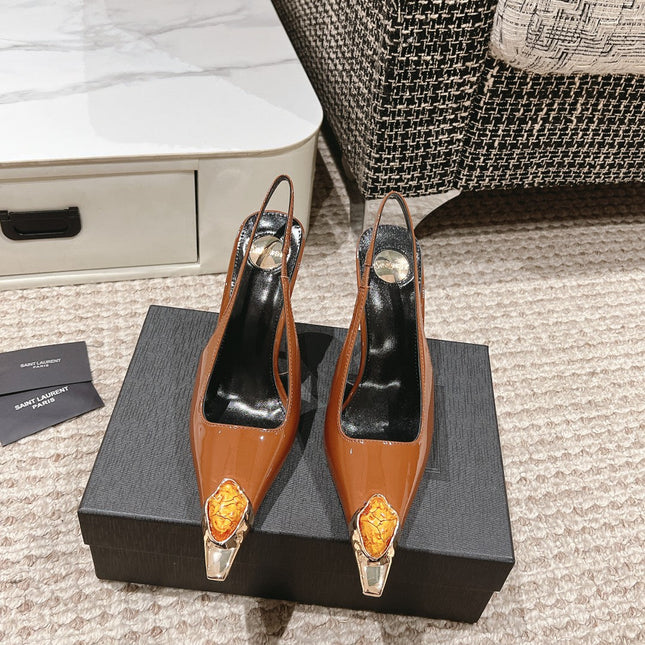 DUNE HIGH 10 CM SLINGBACK PUMPS IN BRONZE BROWN PATENT LEATHER WITH CRYSTAL