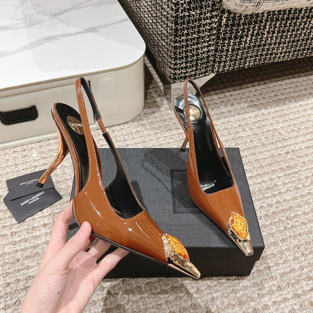DUNE HIGH 10 CM SLINGBACK PUMPS IN BRONZE BROWN PATENT LEATHER WITH CRYSTAL