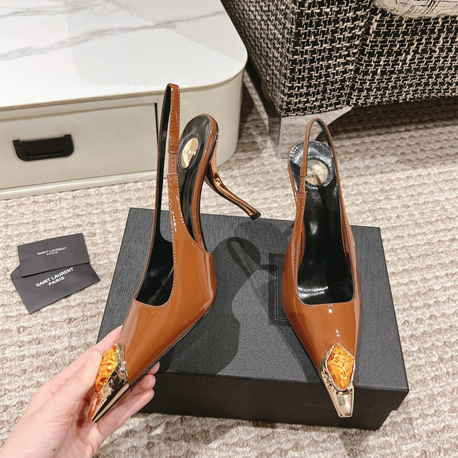 DUNE HIGH 10 CM SLINGBACK PUMPS IN BRONZE BROWN PATENT LEATHER WITH CRYSTAL