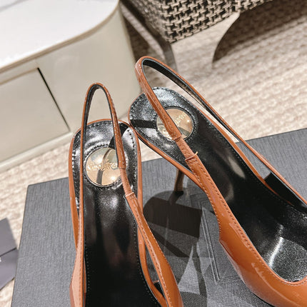 DUNE HIGH 10 CM SLINGBACK PUMPS IN BRONZE BROWN PATENT LEATHER WITH CRYSTAL