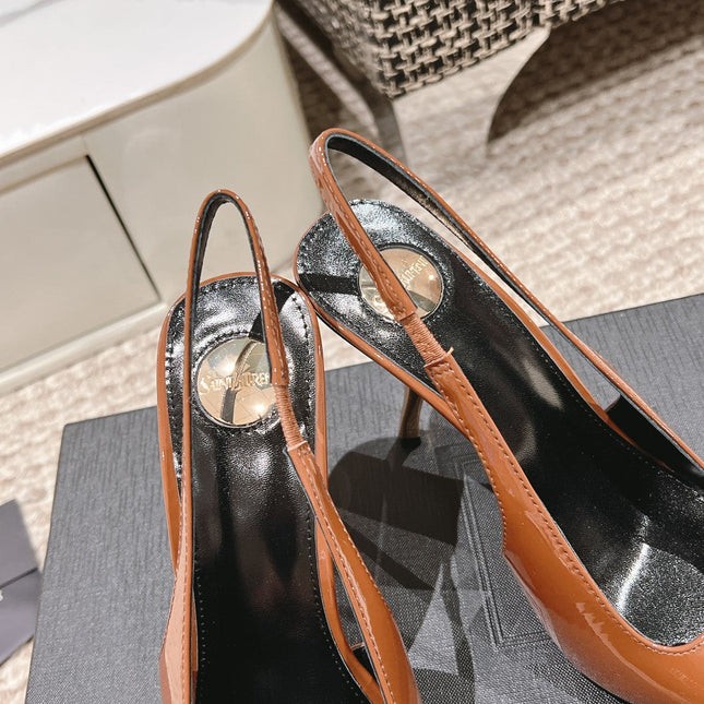 DUNE HIGH 10 CM SLINGBACK PUMPS IN BRONZE BROWN PATENT LEATHER WITH CRYSTAL