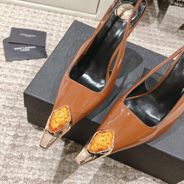 DUNE HIGH 10 CM SLINGBACK PUMPS IN BRONZE BROWN PATENT LEATHER WITH CRYSTAL