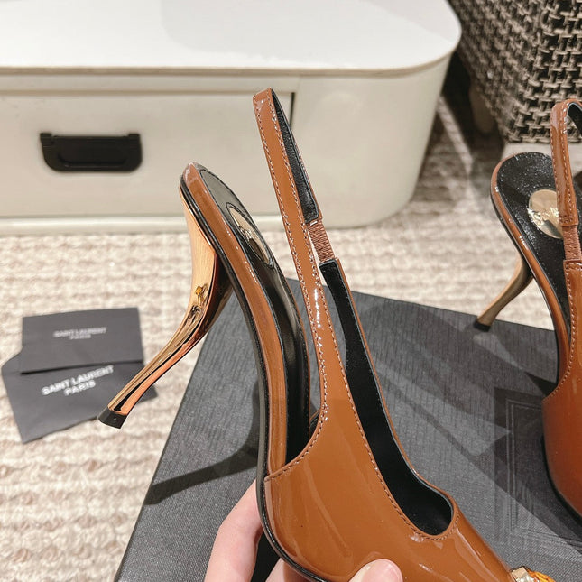 DUNE HIGH 10 CM SLINGBACK PUMPS IN BRONZE BROWN PATENT LEATHER WITH CRYSTAL