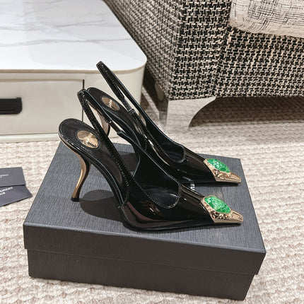 DUNE HIGH 10 CM SLINGBACK PUMPS IN BLACK PATENT LEATHER WITH GREEN CRYSTAL
