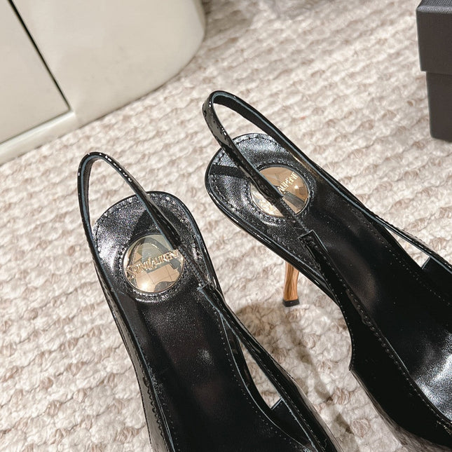 DUNE HIGH 10 CM SLINGBACK PUMPS IN BLACK PATENT LEATHER WITH CRYSTAL