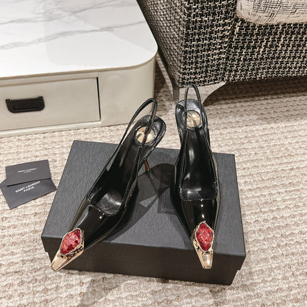 DUNE HIGH 10 CM SLINGBACK PUMPS IN BLACK PATENT LEATHER WITH CRYSTAL