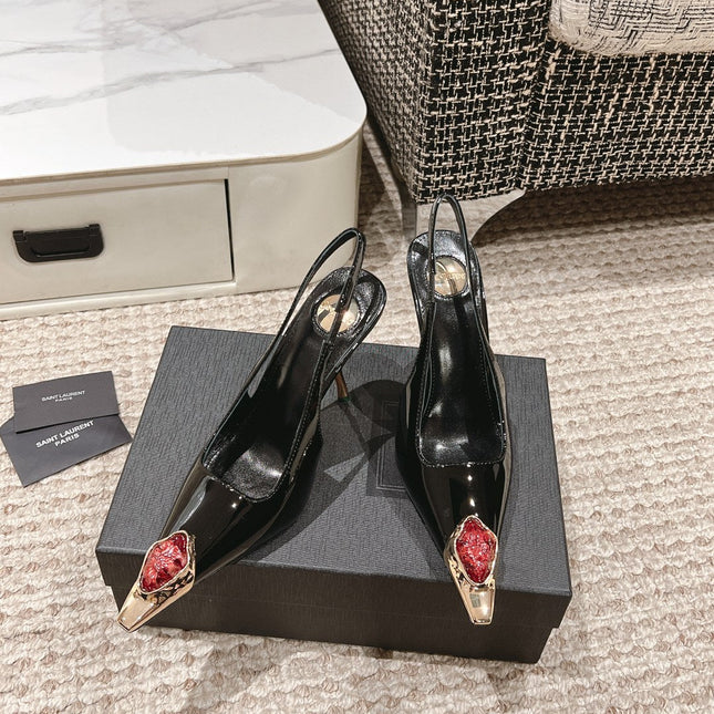 DUNE HIGH 10 CM SLINGBACK PUMPS IN BLACK PATENT LEATHER WITH CRYSTAL