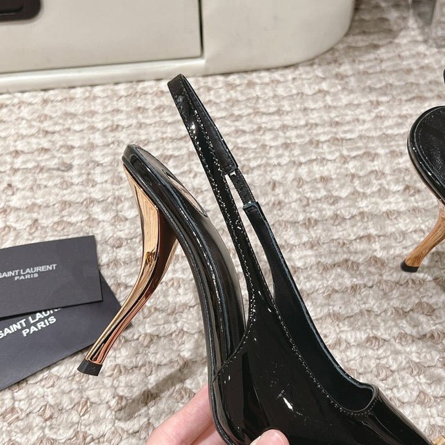 DUNE HIGH 10 CM SLINGBACK PUMPS IN BLACK PATENT LEATHER WITH CRYSTAL
