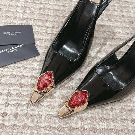 DUNE HIGH 10 CM SLINGBACK PUMPS IN BLACK PATENT LEATHER WITH CRYSTAL