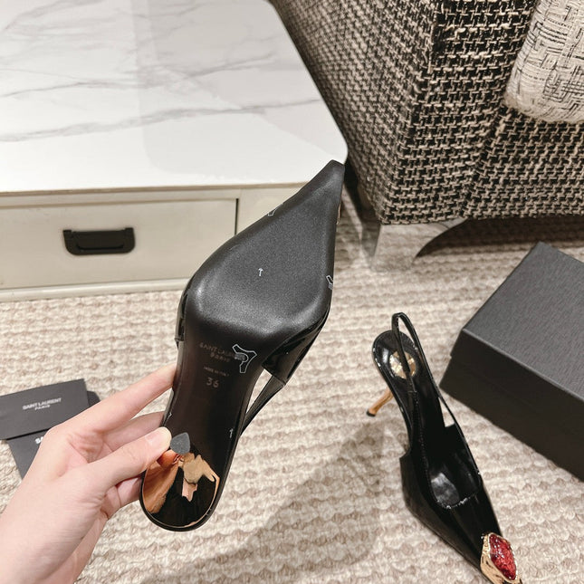 DUNE HIGH 10 CM SLINGBACK PUMPS IN BLACK PATENT LEATHER WITH CRYSTAL