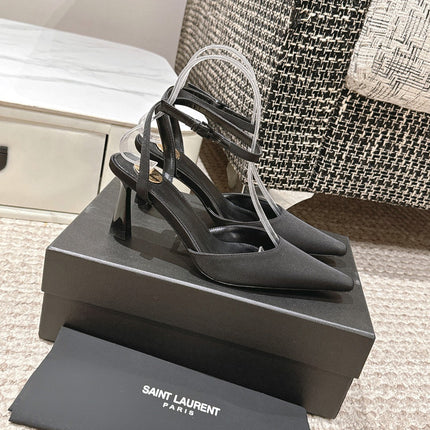 HIGH-HEELED SLINGBACKS SANDAL 7 CM IN BLACK SILK