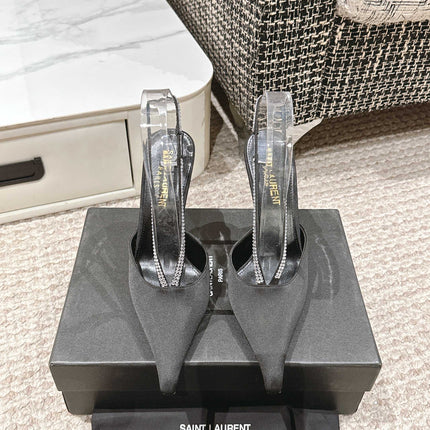 BARBARA 90 EMBELLISHED  BLACK SATIN MULES WITH RHINSTONES