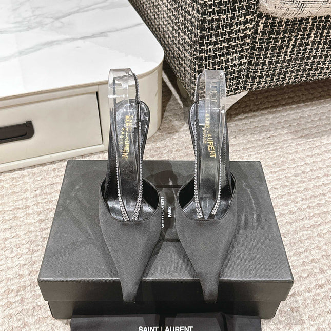 BARBARA 90 EMBELLISHED  BLACK SATIN MULES WITH RHINSTONES