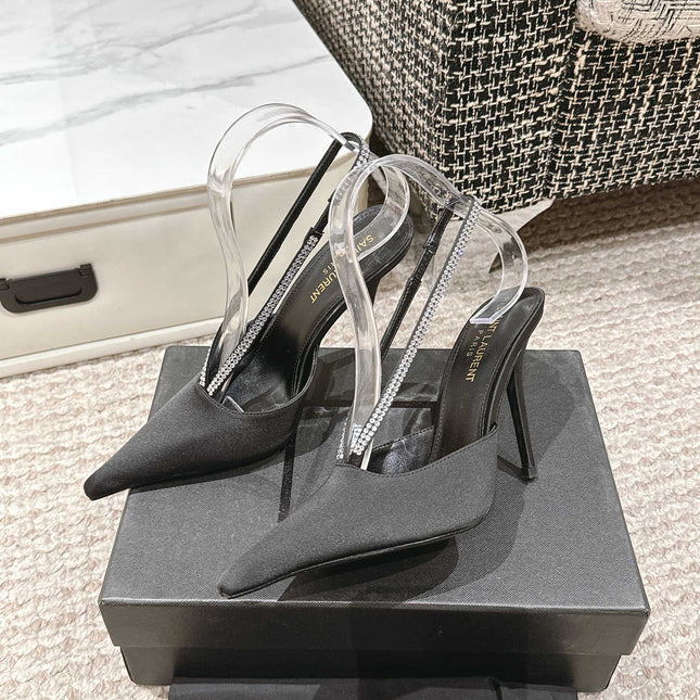 BARBARA 90 EMBELLISHED  BLACK SATIN MULES WITH RHINSTONES