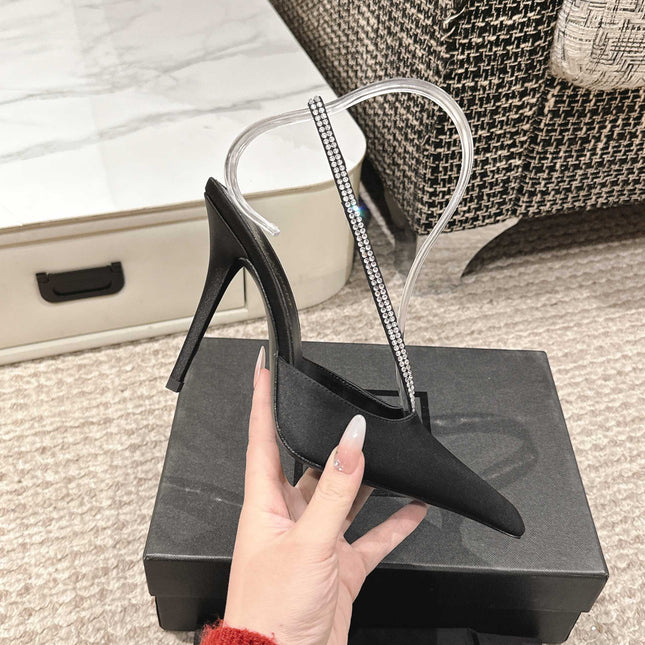 BARBARA 90 EMBELLISHED  BLACK SATIN MULES WITH RHINSTONES