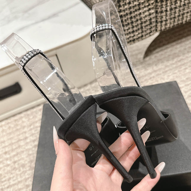 BARBARA 90 EMBELLISHED  BLACK SATIN MULES WITH RHINSTONES