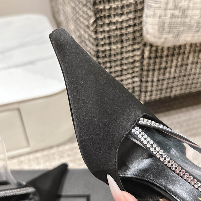 BARBARA 90 EMBELLISHED  BLACK SATIN MULES WITH RHINSTONES