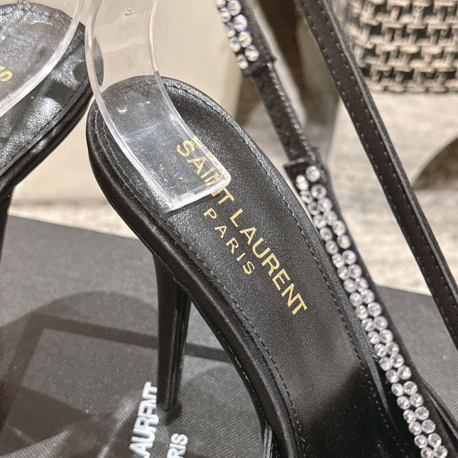 BARBARA 90 EMBELLISHED  BLACK SATIN MULES WITH RHINSTONES