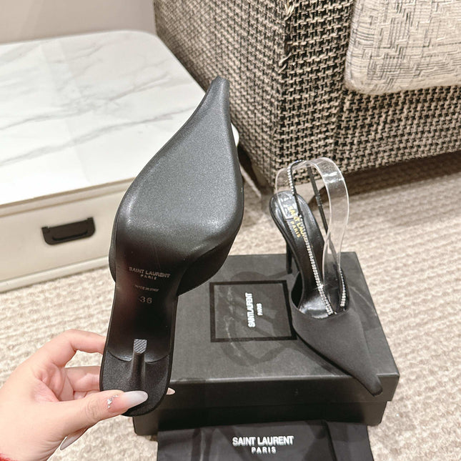 BARBARA 90 EMBELLISHED  BLACK SATIN MULES WITH RHINSTONES